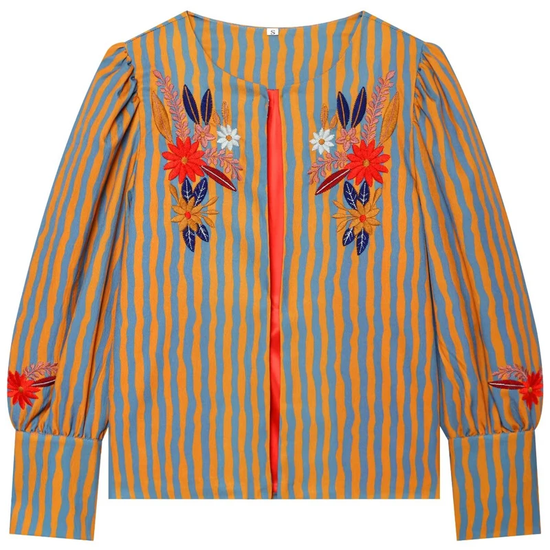HXAO Striped Floral Embroidered Jacket Women's Jacket Autumn 2026 Vintage Boho Crop Puff Long Sleeve Cardigan Vacation Outerwear
