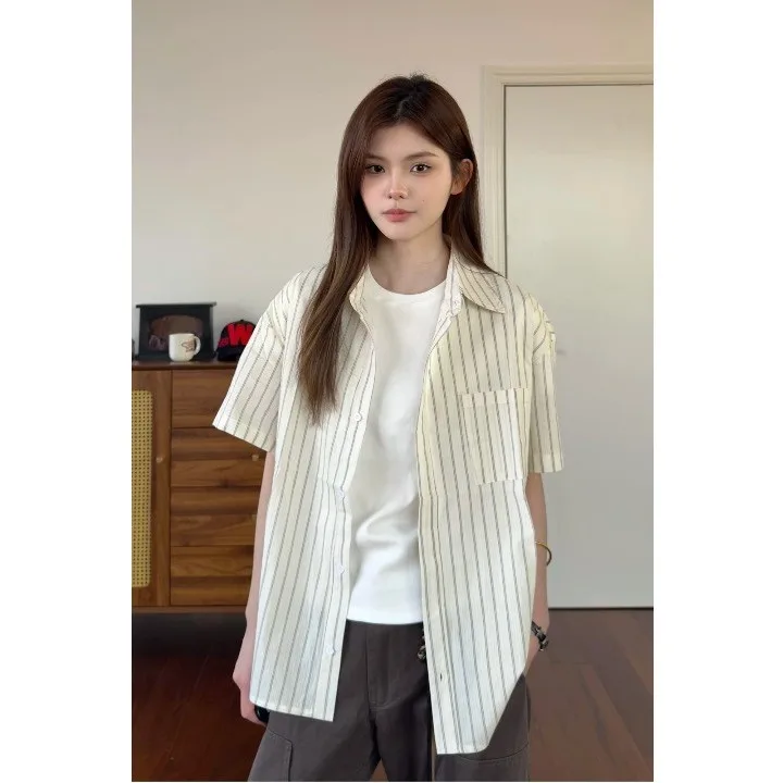 

AN Classic American Striped ket ort Sve irt Loose Fit ex Polyester Fiber Youthful Sle Four Seasons Universal