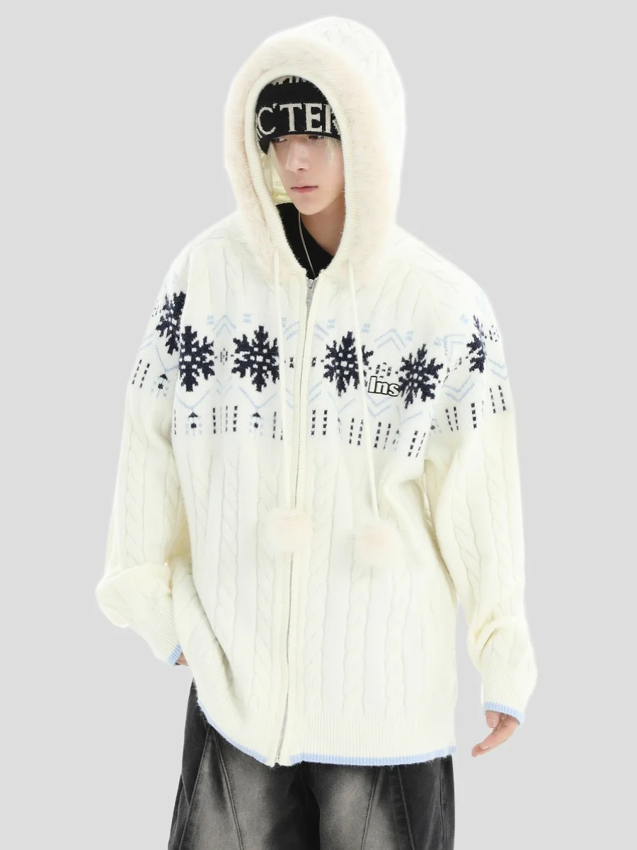 2025 Spring and Autumn New American Style Men's Loose Casual Beige Pink Blue Khaki Fur Collar Hooded Knitted Cardigan