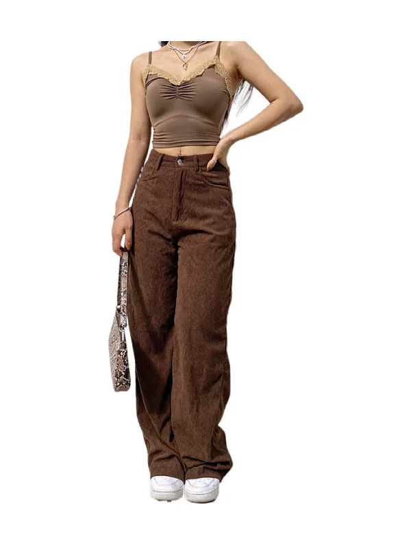 ハイウエストボタンダウン無地パンツ レディースカジュアルワイドレッグパンツ ポリエステル繊維 ヨーロッパ風レディースファッション