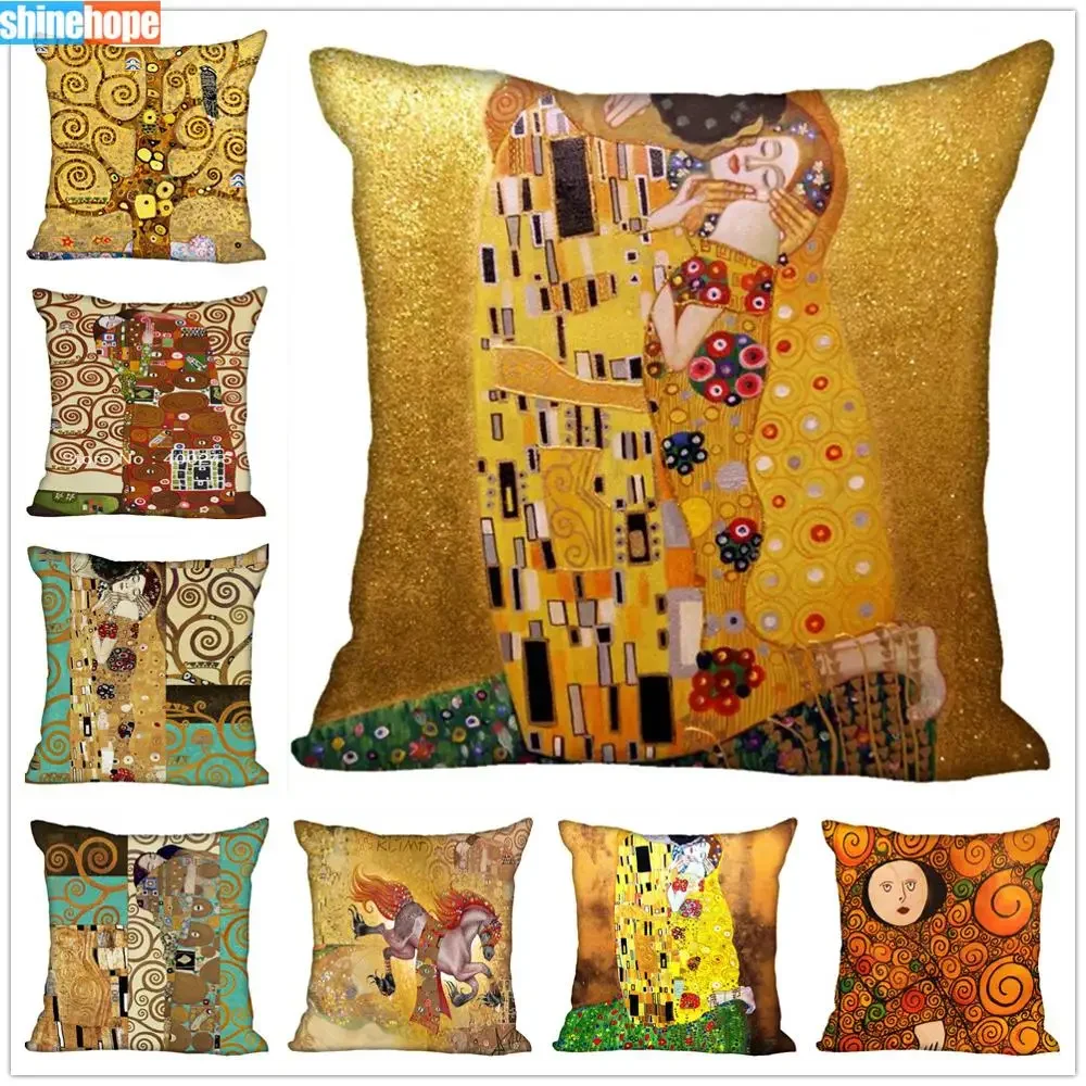 Custom Art Pattern Pillow Cases Gustav Klimt Square Pillowcase Christmas Zippered Pillow Cover 45*45cm(One Side)