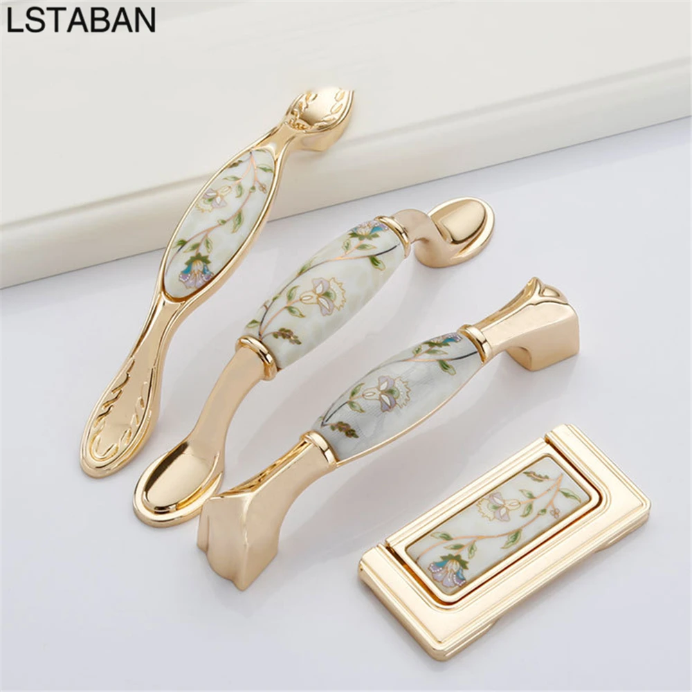 Eden Pastoral Gold Kitchen Cabinet Handle Zinc Alloy European Style Cabinet Door Knob Furniture Hardware Ceramic Drawer Pulls