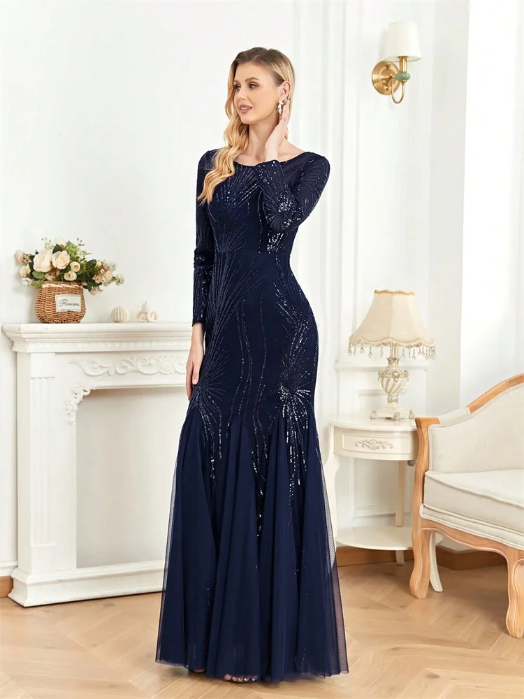 Элегантные вечерние платья из тюля с длинными рукавами и блестками, 2024, женское роскошное вечернее платье русалки для подружки невесты, платье макси для выпускного вечера