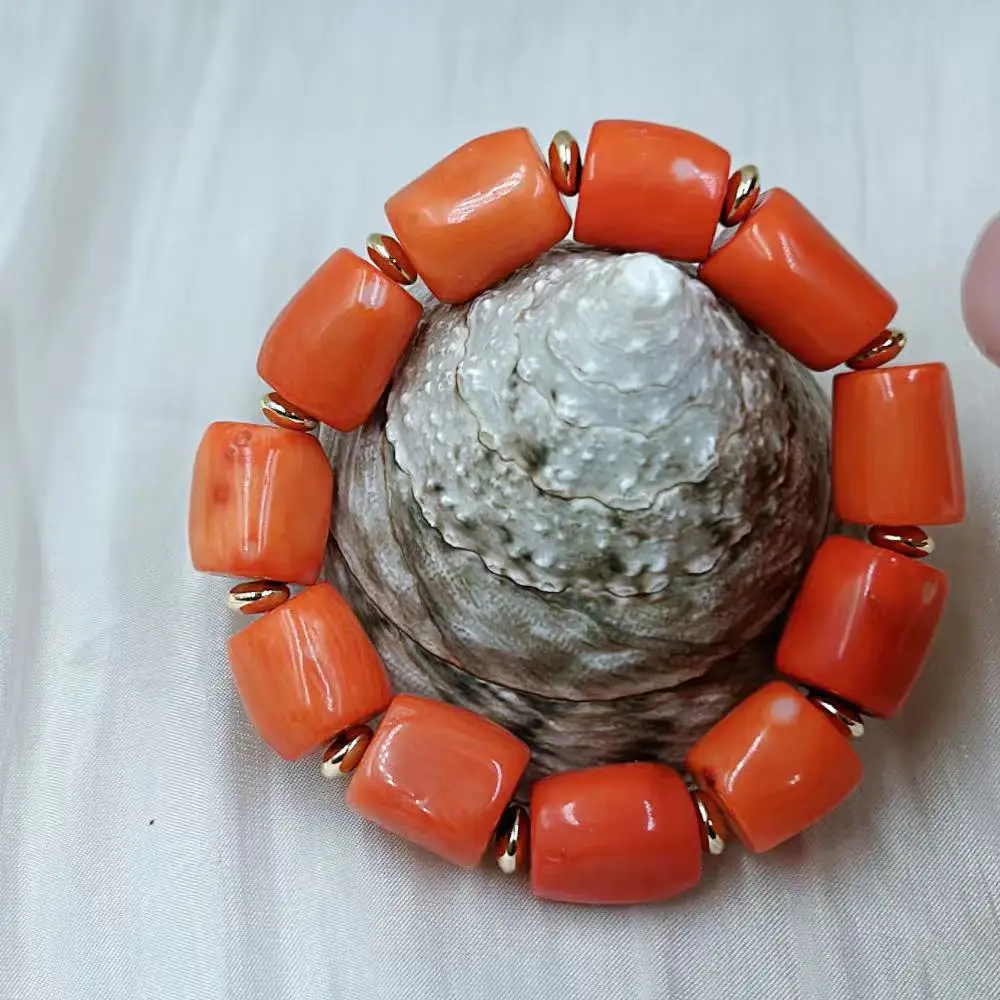 

8mm 10-12mm Column Orange Vintage Tibet Style Natural Sea Bamboo Round Coral Beads Woman Elastic Bracelet