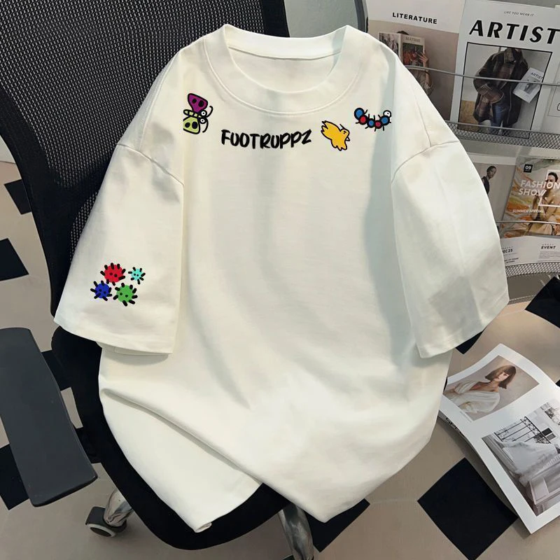 

Large Size 300 Pou American Cartoon Sle ort Sve T-irt ex Summer New Loose Fun Print Couple Tops Cotton