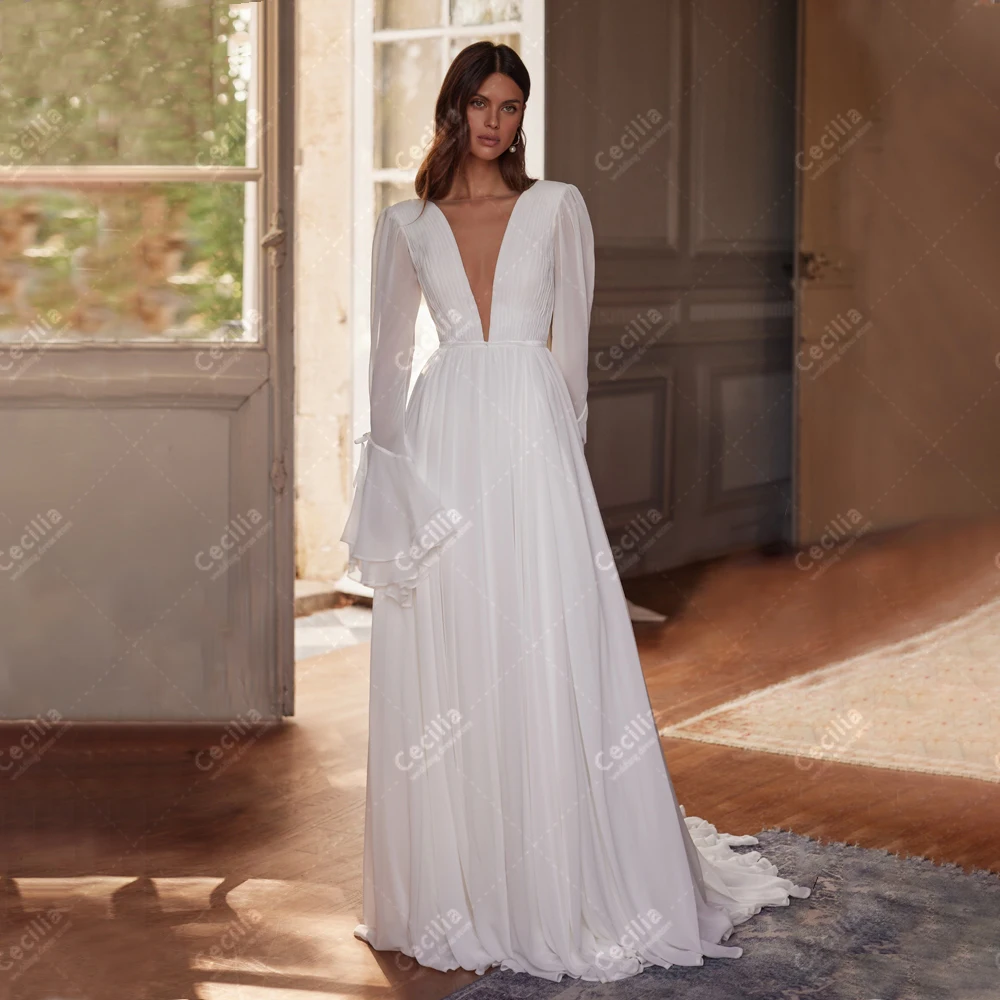 Robes De mariée modestes Robes De mariée gracieuses manches longues Robes col en V profond Robes pour les mariées robes De Novia personnalisées 2025