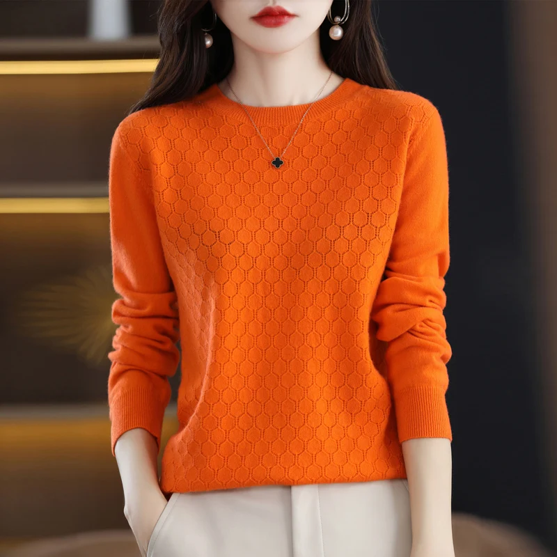 100% Wool Sweater Women Hollow Out Tops Autumn Winter O-neck Long Sleeve Knitted Fashion Female Pullover Casual Clothing Jumper