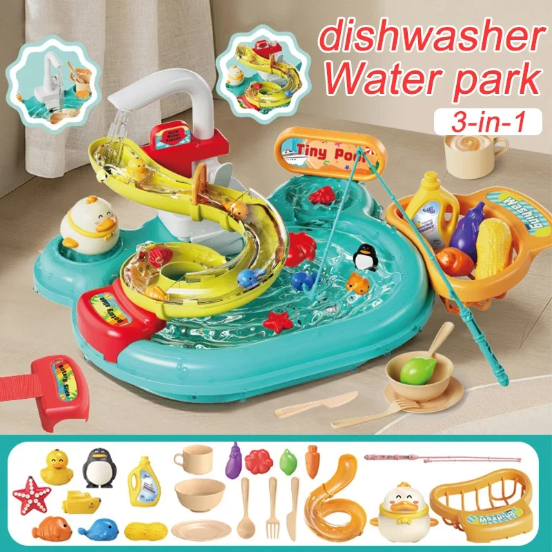 Puzzle pour enfants, jouets de simulation, bassin à vaisselle, jouets interactifs de cuisine, toboggan 2 en 1, jouet de pêche Montessori, cadeau