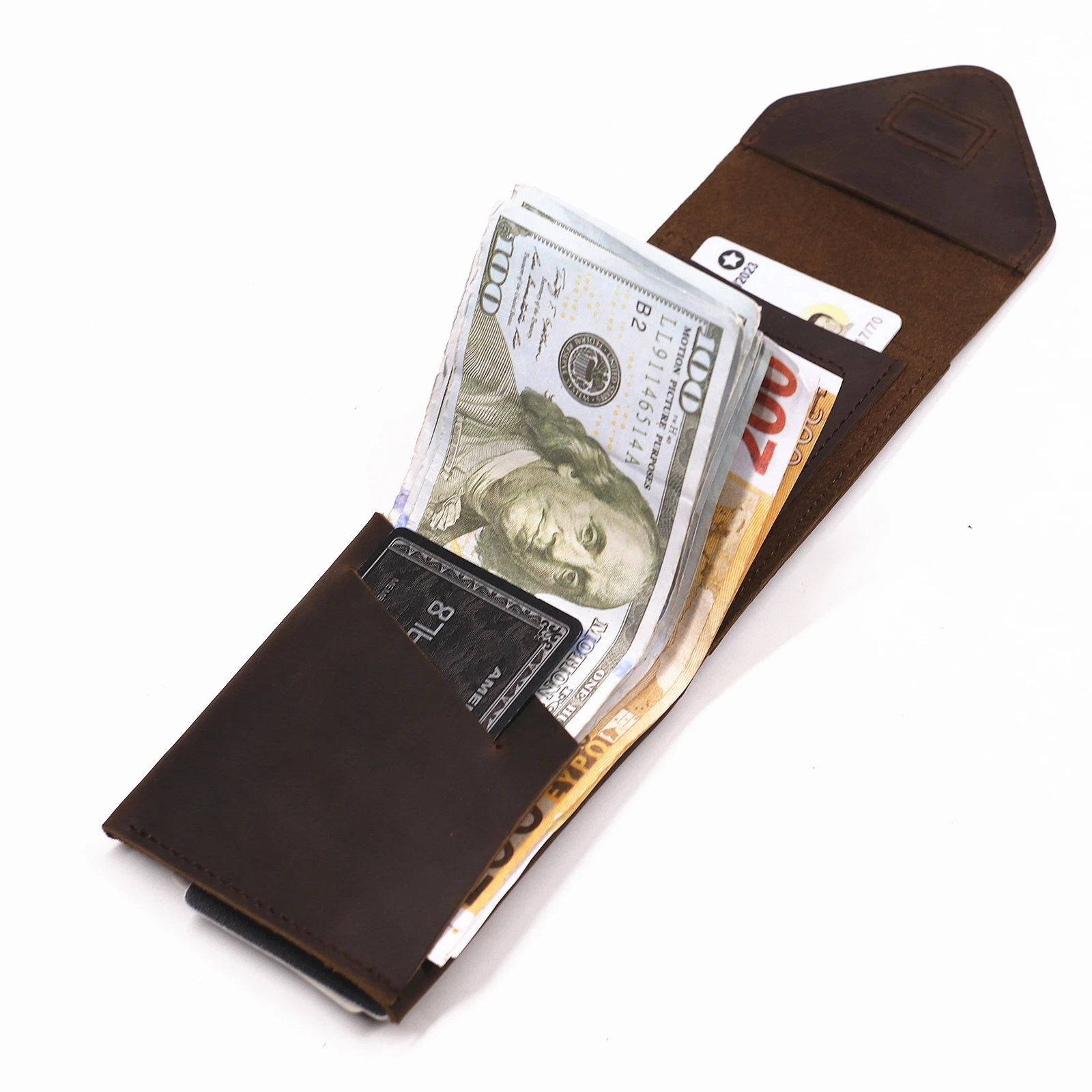 Genuine Leather Wallet For Men Vertical Slim Cash Wallet Man Card Holder Flap Magnetic Closure With ID Window Zipper Coin Pocket