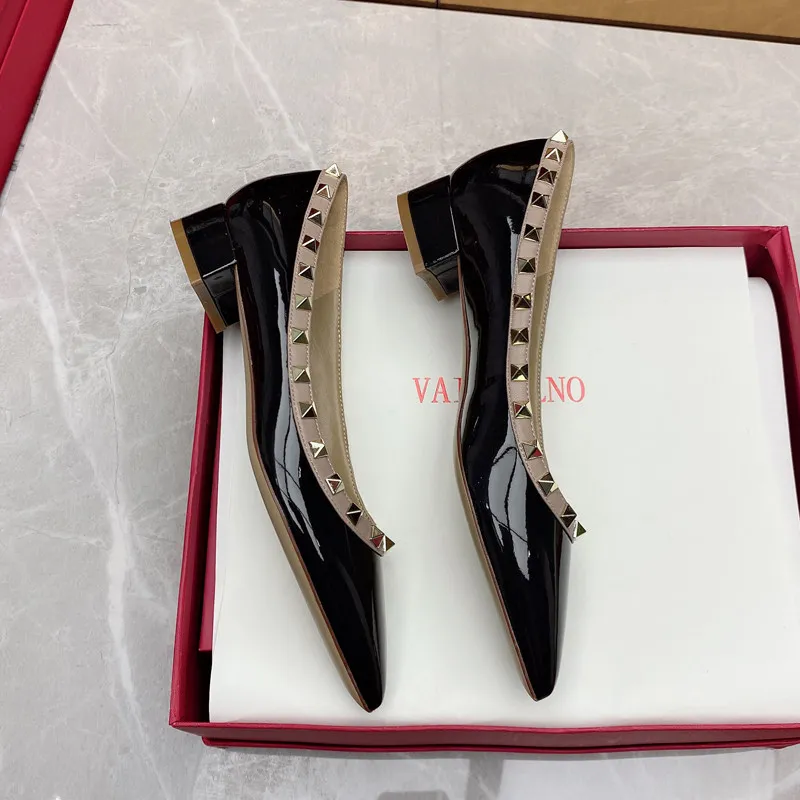 Nude Women Shoes Leather Luxury Brand Rivets High Heels Shoes Designer Pumps Pointed toe Casual Squar Heel Prom Ladies Shoes