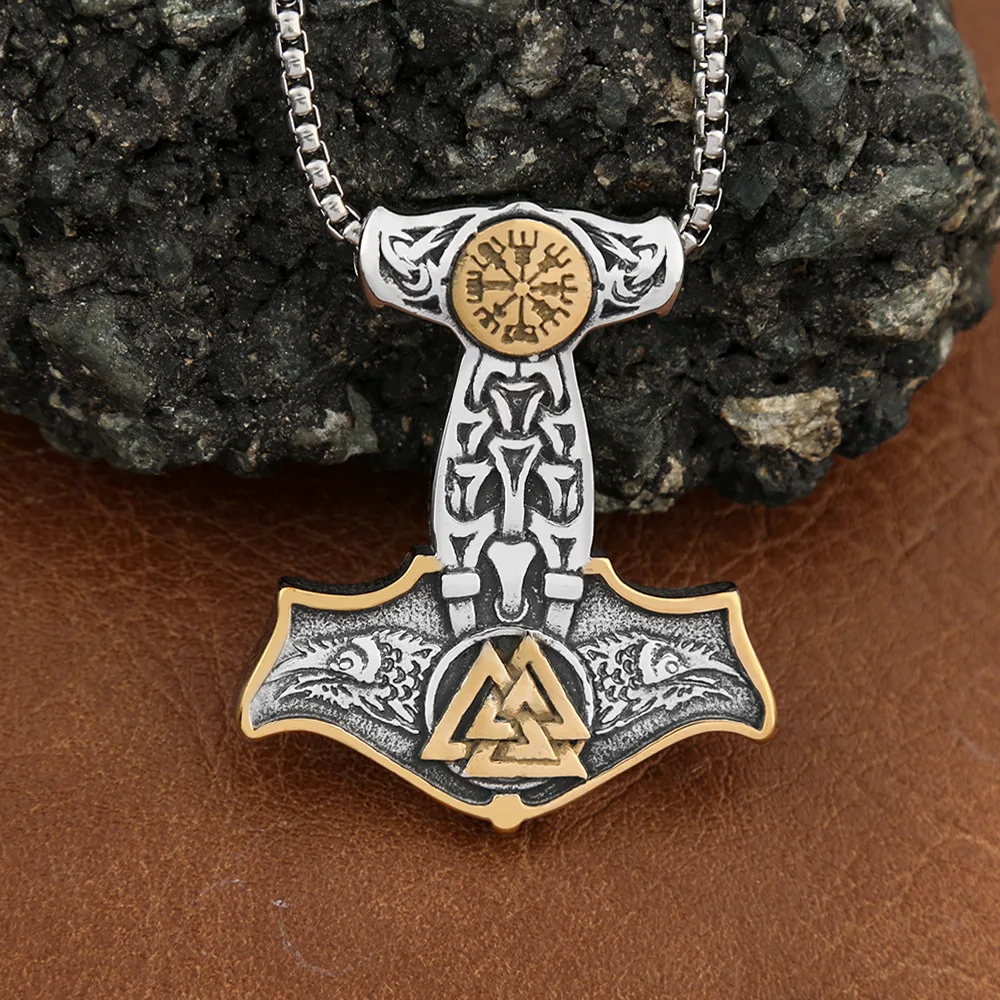 Unique Viking Mjolnir Raven and Norse Rune Pendant Stainless Steel Thor's Hammer Necklace Men's Road Sign Compass Amulet Jewelry