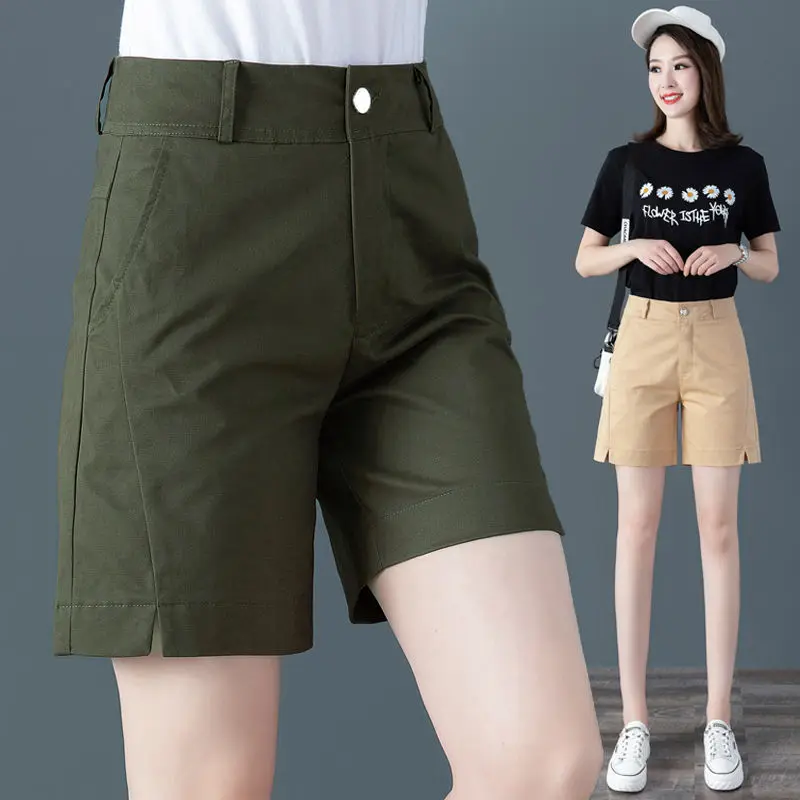 Summer Shorts All-match 3 Solid Color Botton Casual Shorts Women Straight High Waist Slim Short Femme Chic Ladies Clothing A99