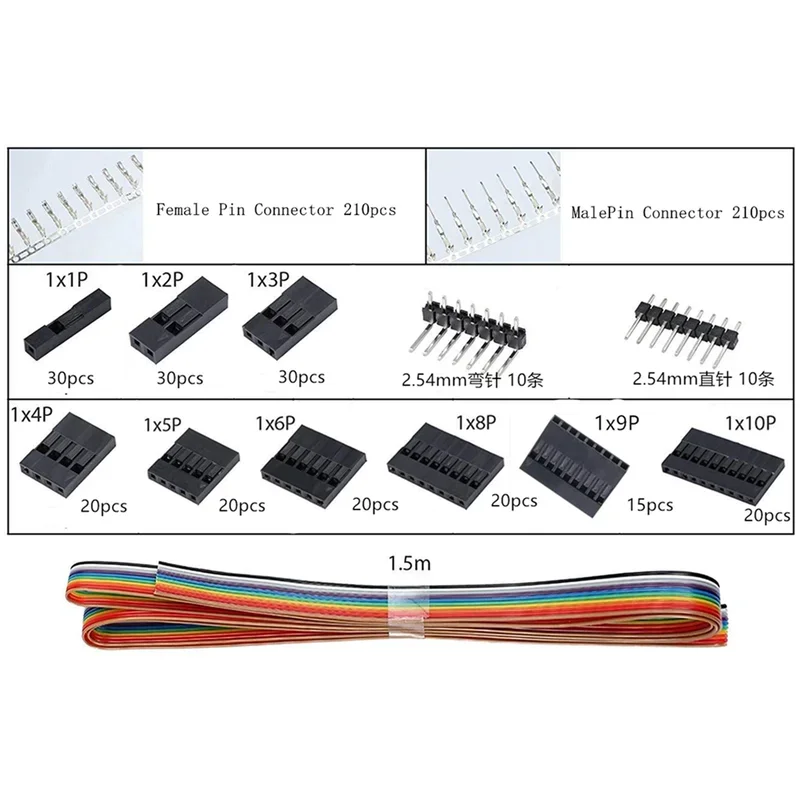 635pcs Dupont connector housing male female pin 40PIN 2.54mm Pitch pin header and 10black rainbow color FLAT Ribbon IDC wire kit