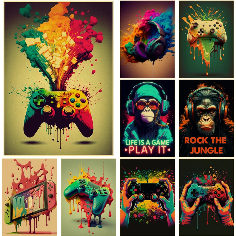 Retro Gaming Wallpaper - Affiche d'Art Mural Colorée avec Contrôleur