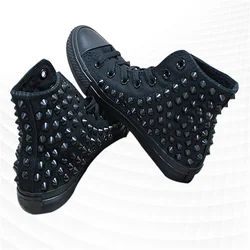 Black high top riveted punk hip-hop street dance canvas shoes Handcrafted large size men's and women's casual sneakers 35-46