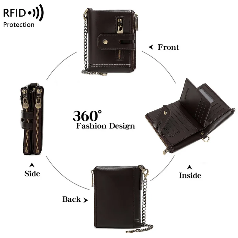 Western RFID Blocking PU Leather Chain Men Wallet Large Capacity Multifunctional Three Floded Coin Purse for Mens