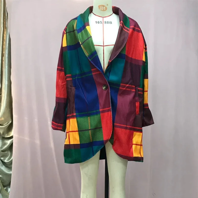 Autumn Female Plaid Print Woolen Coat Single Button Lapel Jacket Cardigan Winter Long Sleeve Pocket Women Outwear