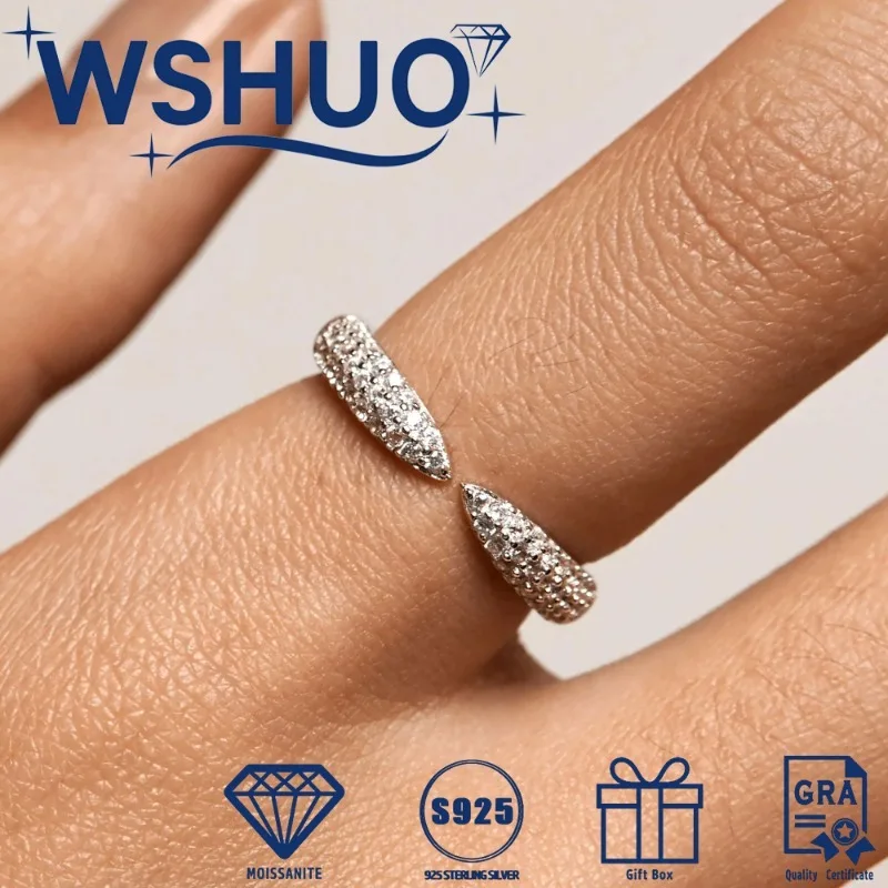 

WSHUO D VVS1 Full Moissanite Open Rings 100% S925 Silver 18K Plated Gold Simple Diamond Snake Shape Ring No Fade Fine Jewelry