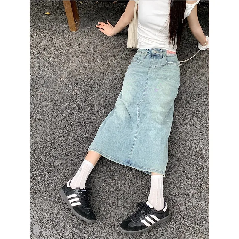 Koreaanse vrouwen hoge taille split denim rok modieuze veelzijdige a-lijn rok hip knuffelen rok 2025, zomer nieuwe casual rok