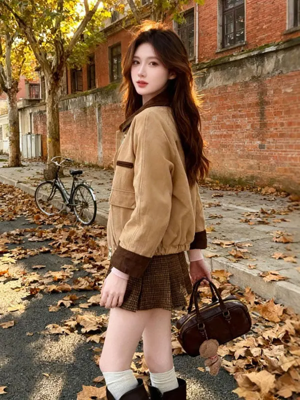 

Retro Ele ort Jaet Soft Sle Faionable Top Winter Outerwear for Small Figures Zipper Closure Long Sve Pure Color