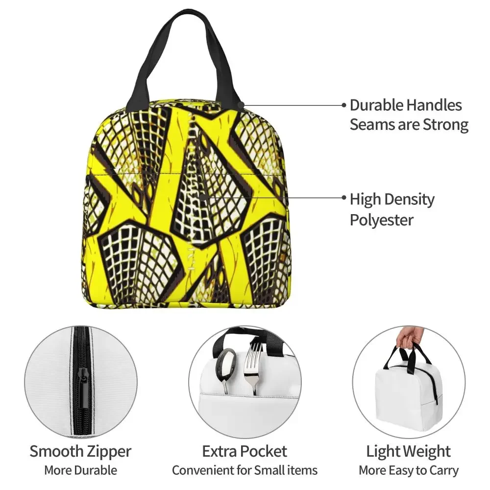 Custom African Ankara Wax Print Yellow Throw Pillow Lunch Bag Women Cooler Thermal Insulated Lunch Box for Kids School Children