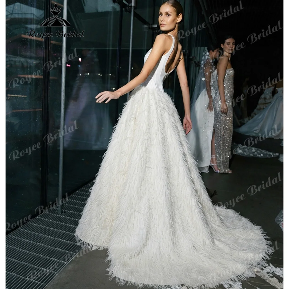 High-Low Feather Ball Gown Wedding Dress with Satin Corset Bodice Ombre Ostrich Feather Bridal Gown  Customized