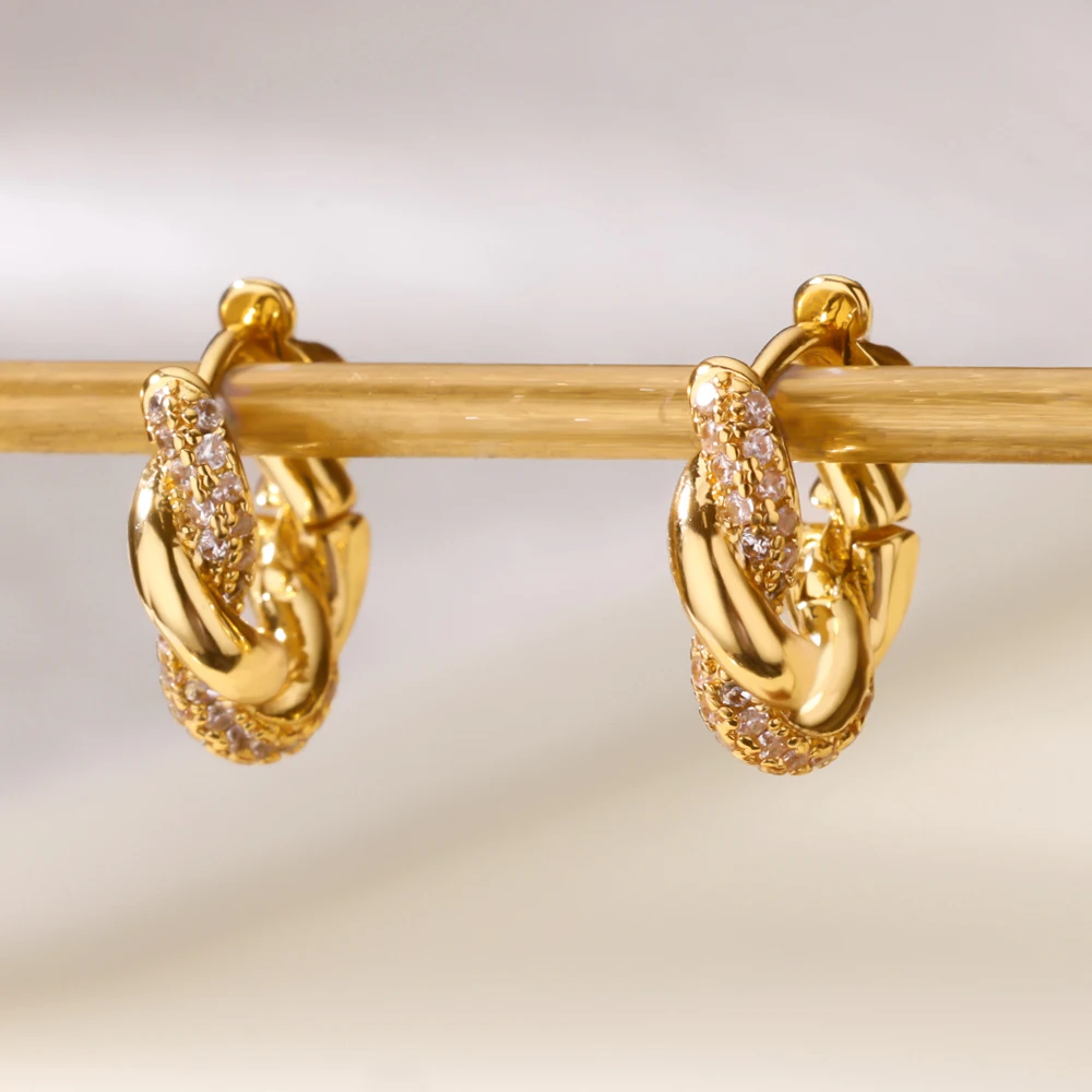 Cubic Zirconia Twisted Earrings for Women Gold Color Stainless Steel Earrings Trend 2025 New Waterproof Party Piercing Jewelry