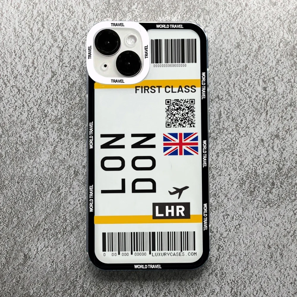 World City Travel Ticket New York London Label Phone Case For iPhone 15 14 13 12 11 Pro Max Mini XS X XR 7 8 Plus Cover