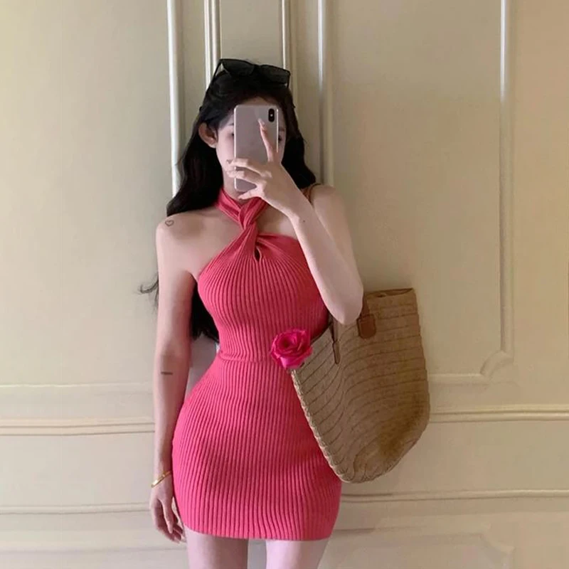 

Women's Sexy Hanging Neck Backless Solid Knitted Wrapped Summer Mini Dress 2024 New Pure Color Women Dress