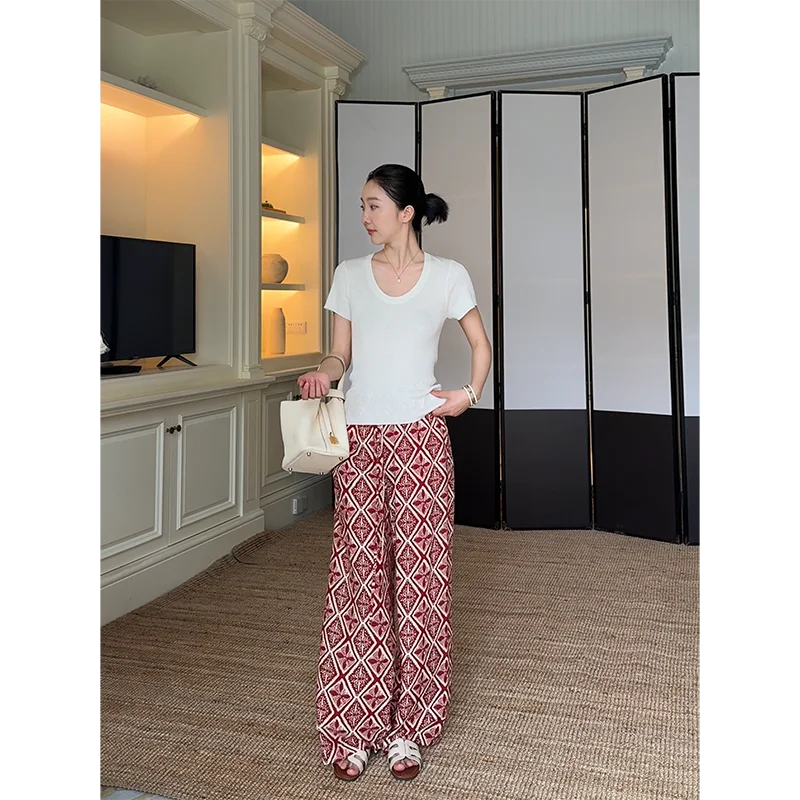 

Simple Summer Short Sleeve Silk Wool Wide Leg Pants Long Pants Print All-Match Top Elegant Slimming Fashion Set for Women