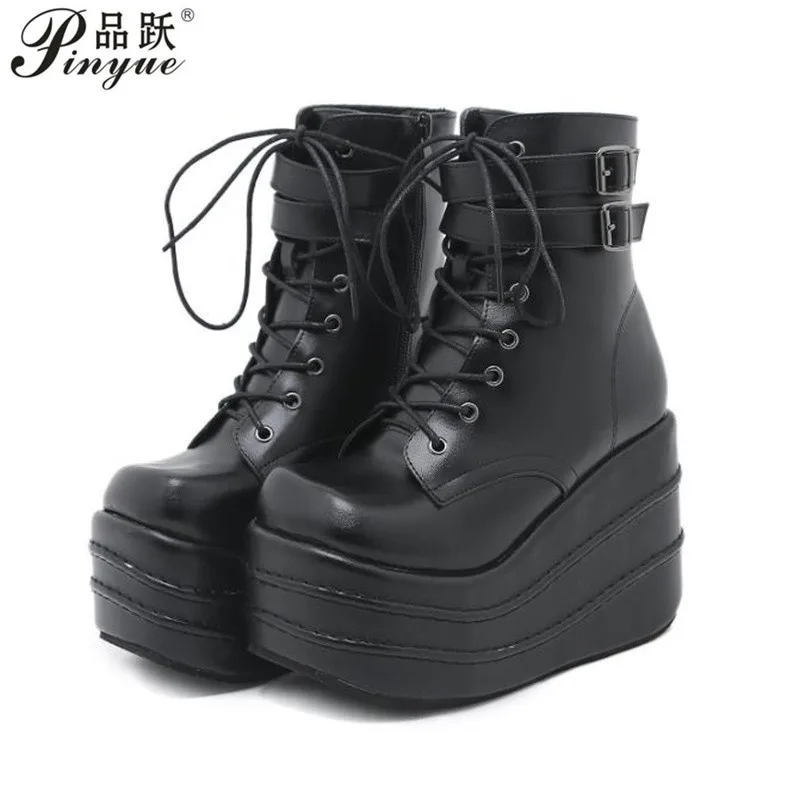 

women Plataforma Winter Womens Boots Punk Goth Platform Style Wedge High Heel Boots Lace Up Wedge Platform Boots Size 34-43