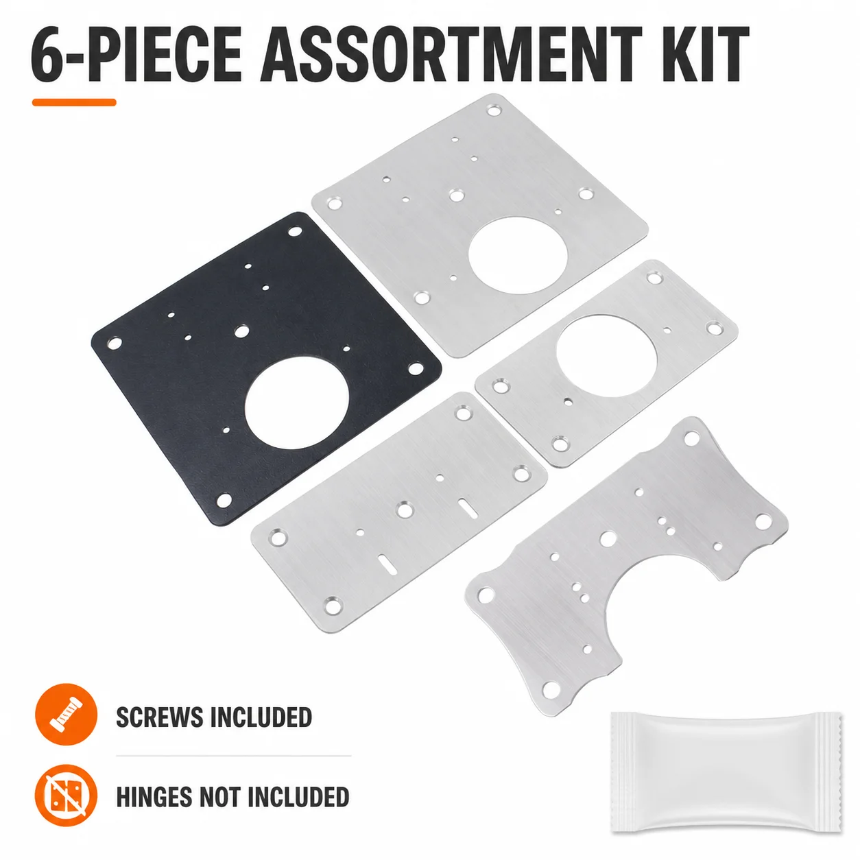 6 Different Cabinet Hinge Repair Plates with Screws, Stainless Steel Fixing Kit for Cupboard Door and Side Panel