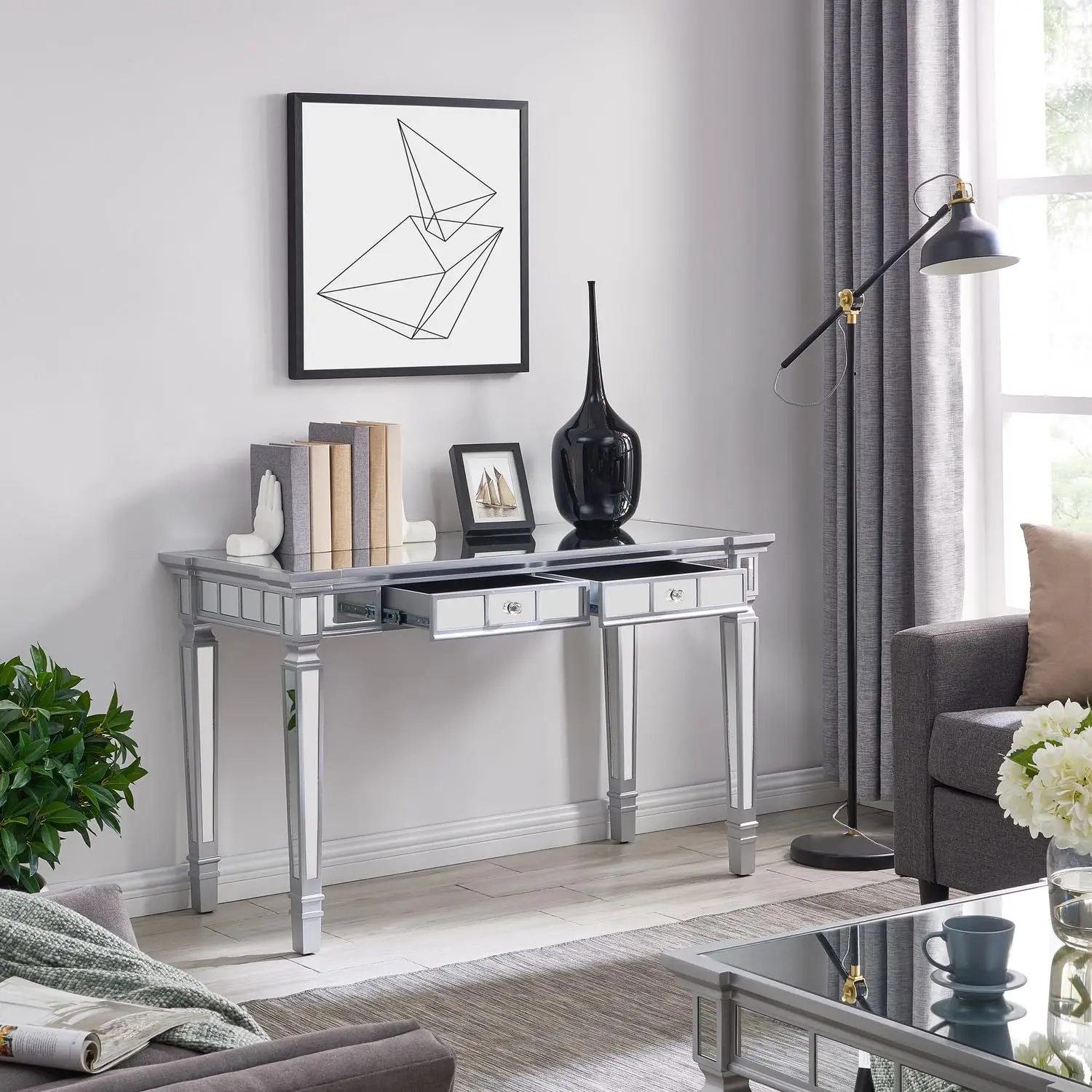 Mirrored Writing Desk with Drawers Glam Home Office Furniture 47
