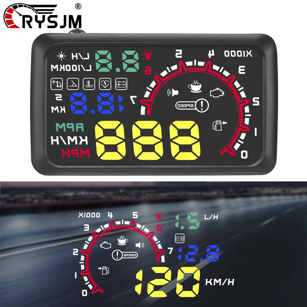 

W02 Car OBD HUD Head Up Display Speed RPM Fuel Consumption Voltage Water Temperature Gauge With Alarm Car Electronic Accessories