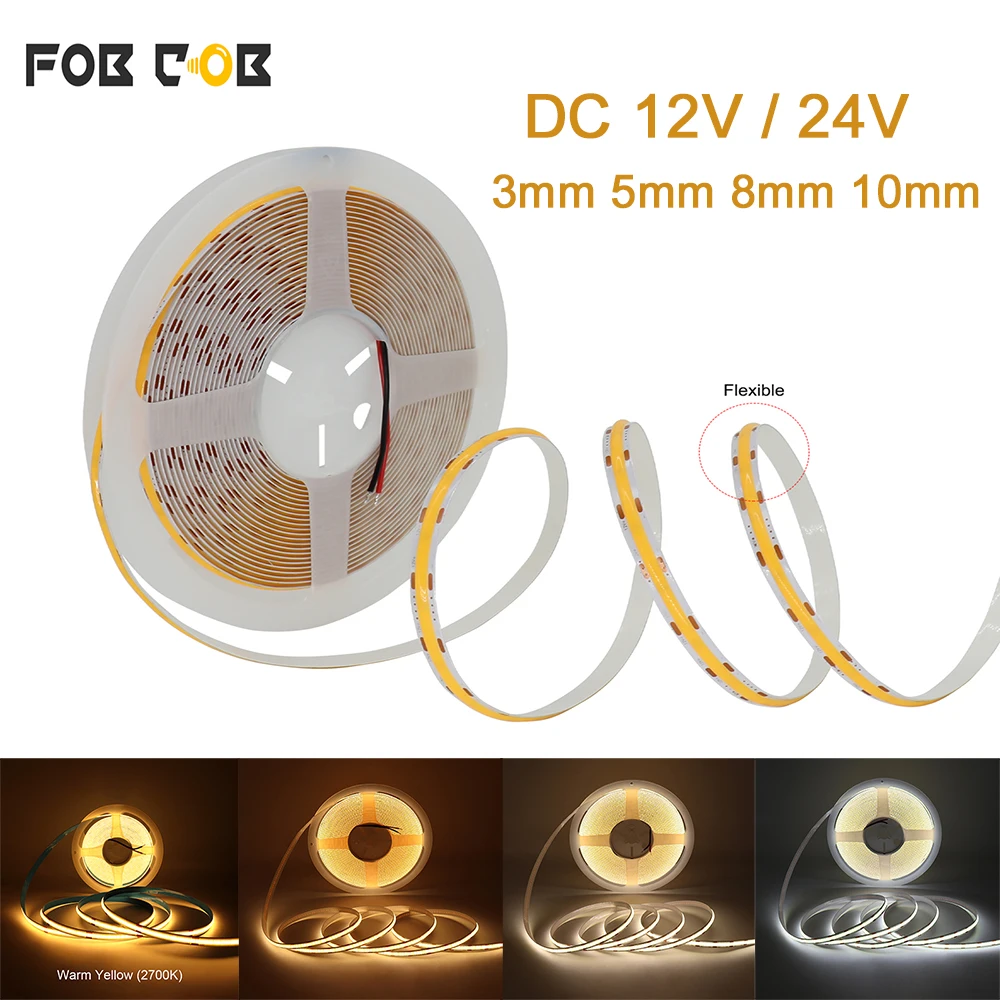 

COB LED Strip Light 12V/24V Dimmable LED Flexible Ribbon Lamp 3mm 5mm 8mm 10mm LED Tape 2700K 3000K 4000K 6000K LED Light Strip