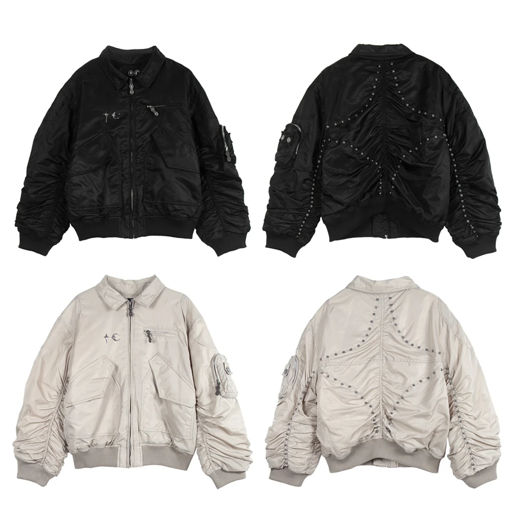 

Thug Club Star Moon Willow Nail Metal Zipper Bomber Flight Jacket Men Women Best Quality Coats