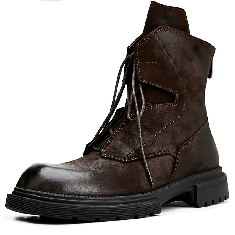 Genuine Leather Men's Boots Retro Motorcycle Boots Rear Zipper Leather Boots Keep Warm Plush Winter Boots Men High Quality