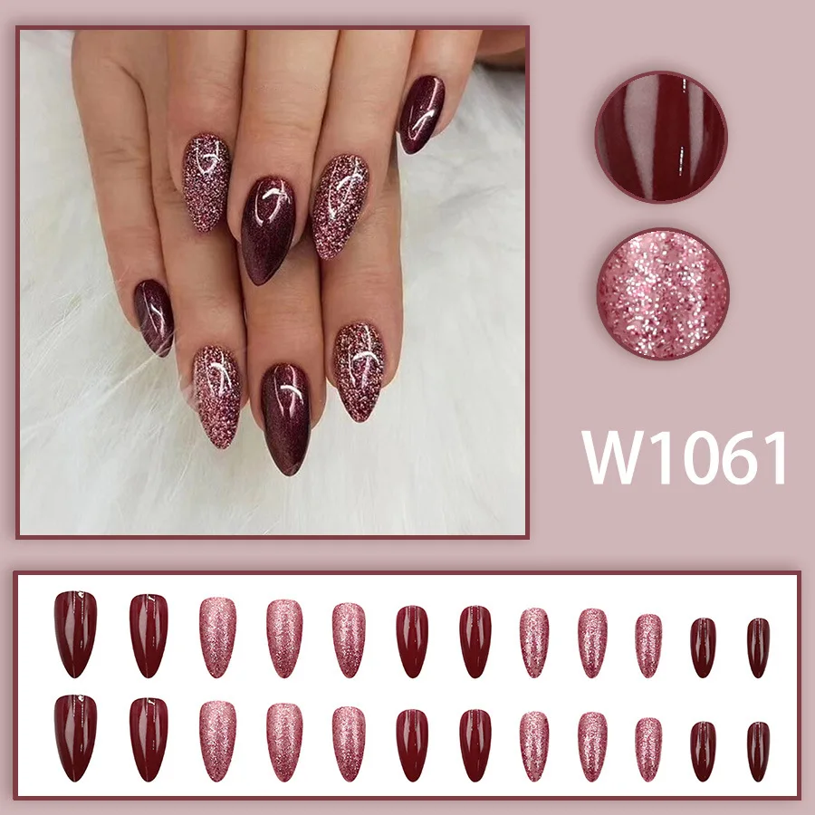 

24PCS Pure Handmade New Almond Armor European And American Red Brown Sparkle Charm Fake Nails Wearable Reusable Party Gifts