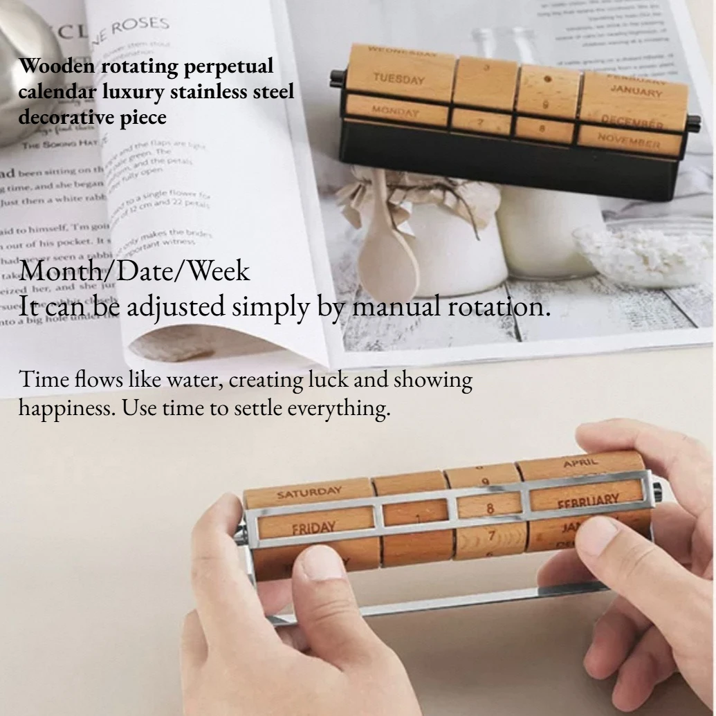 

Creative Wooden Rotating Perpetual Calendar Ornament Luxurious Stainless Steel Home Decoration Gift