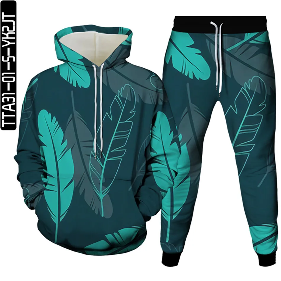 

New Feather Weed Leaf Totem Print Men Casual Tracksuits Women 2 Piece Set Autumn Streetwear Hoodie+Jogger Pants Suits Size S-6XL