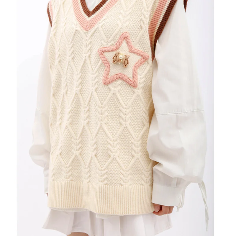 Suéter sin mangas a rayas con cuello en V para mujer, suéter de punto estético japonés Harajuku College Y2K, ropa de Otoño/Invierno 2024