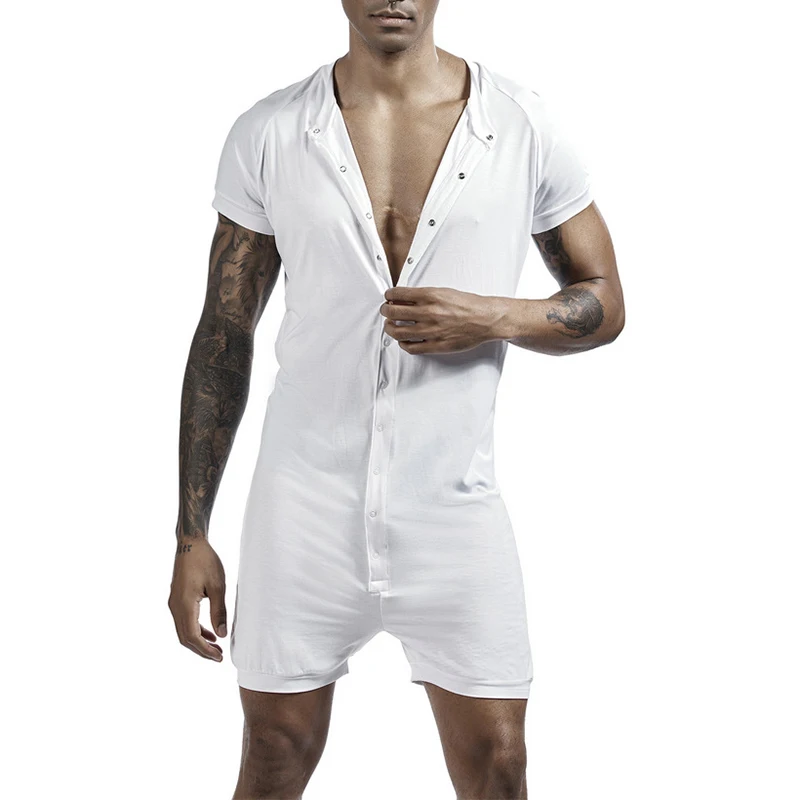 Summer Soft Breathable Jumpsuits Men Pajama Sexy Slim Fit Short Sleeve Solid Color Bodysuits For Mens Sleepwear Summer Playsuits