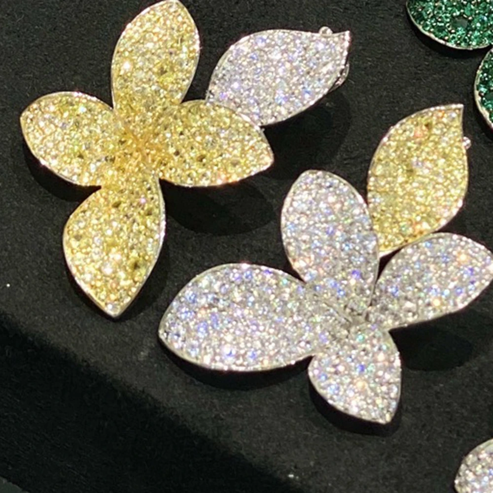 KQDANCE New Large 925 Silver Synthetic Zircon Green Yellow White Full Diamond Flower Earrings Luxury Wedding Party Jewelry