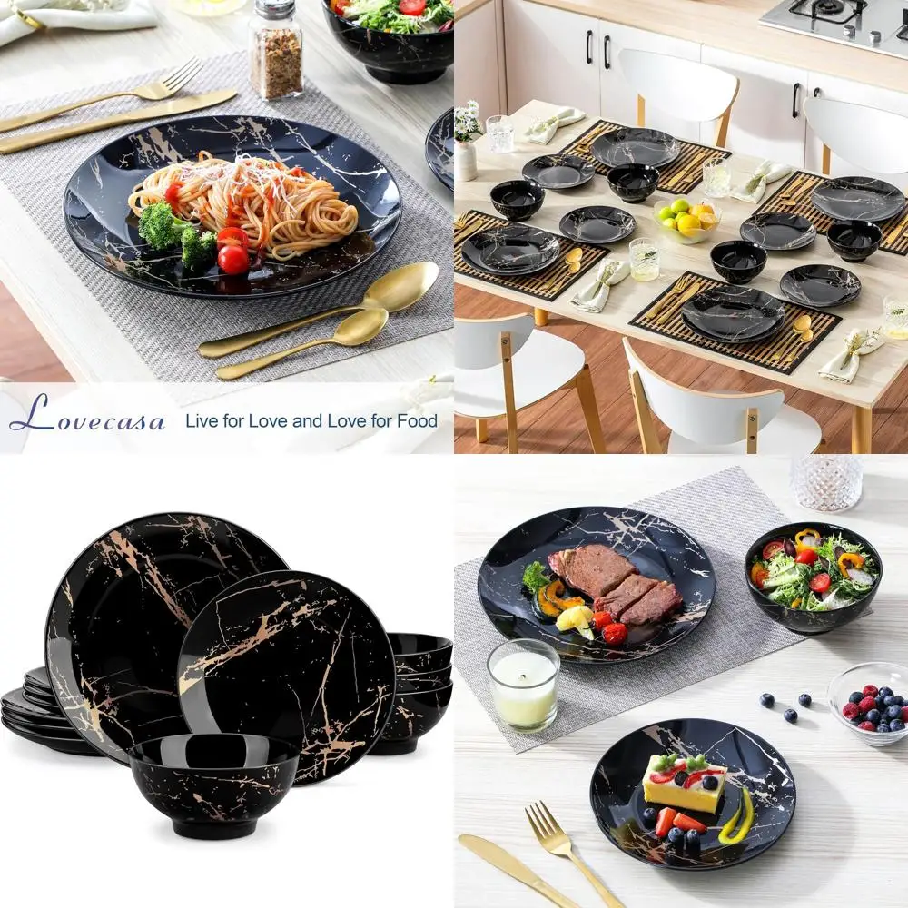 Juegos de Vajilla de Porcelana de 4 y 12 Piezas, Elegantes en Negro y Dorado, Aptos para Lavavajillas y Microondas