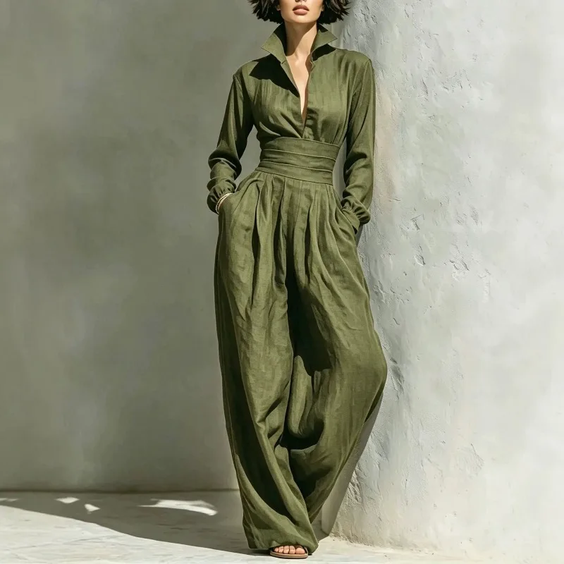 Women Stand Collar Long Sleeve Jumpsuit High Waist Pleated Wide Leg Rompers Solid Color with Pockets Elegant Office Daily