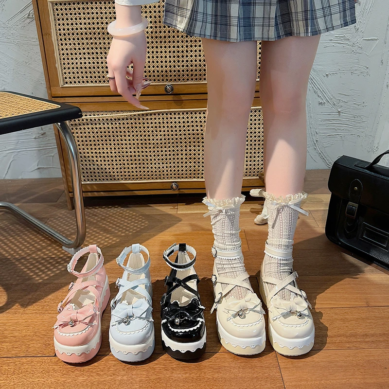 Sweet Lolita Style Thick-soled Women's Mary Jane Shoes 2026 Spring and Summer Cute Little Bell Bow Decorated Low-top Shoes