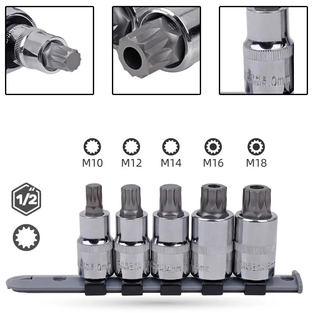 

5pcs 1/2 Inch Torx Star Socket Wrench Bits Hardness Stainless Steel Screwdrivers Bit Silver Hand Tools M10 M14 M16