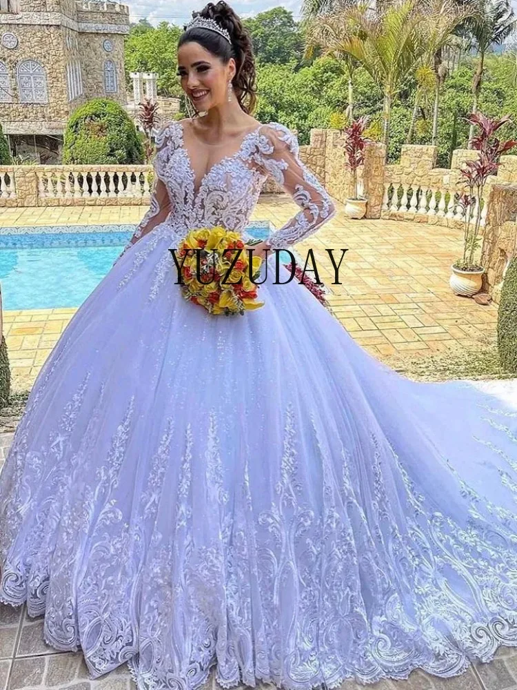 Luxus O-Ausschnitt Brautkleider Lange Ärmel Applikationen mit Schleppe A-Linie Brautkleid Prinzessin Vestido de Novia