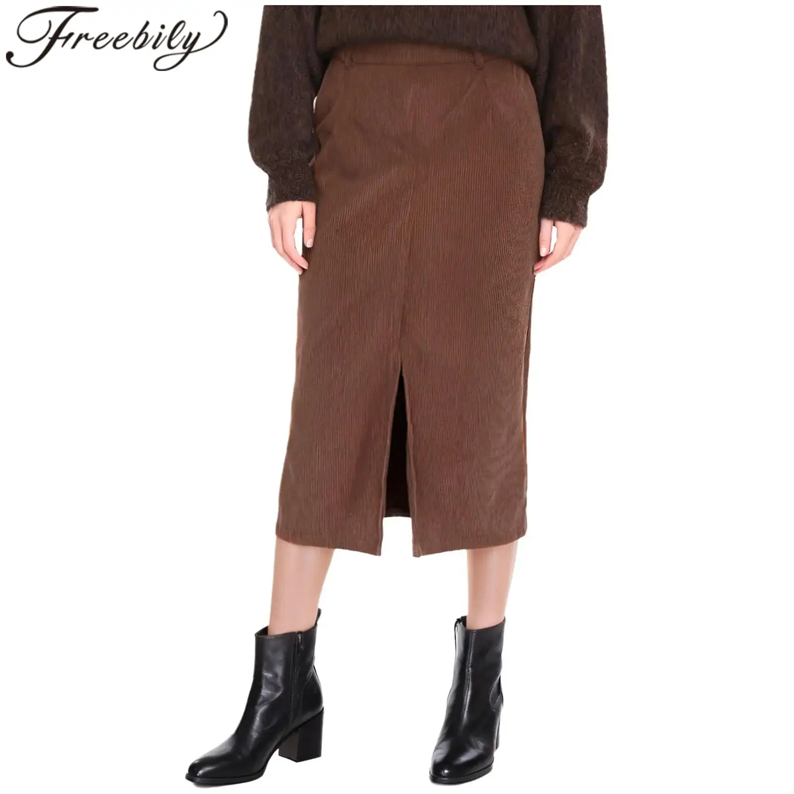 ペンシルスカート ファッション レディース ヴィンテージ コーデュロイ ハイウエスト フロントスリット ミディ丈スカート オフィスワーク デイリーカジュアル服