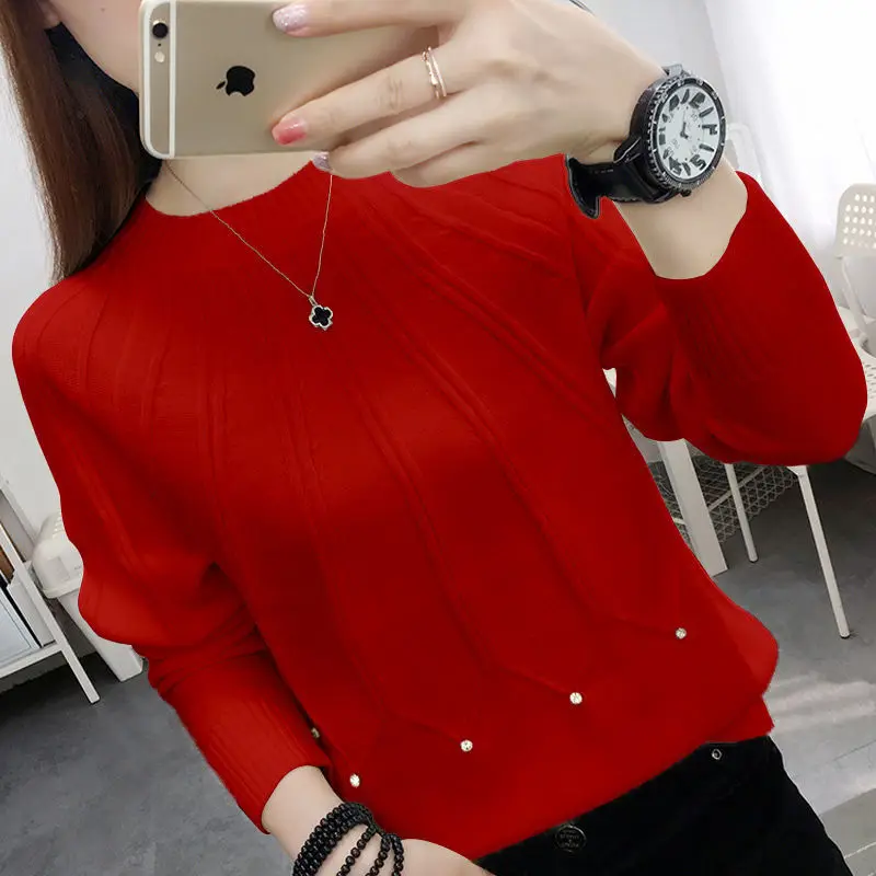 Autumn Winter New Fashion Round Neck Long Sleeve Solid Pullovers Women's Clothing Diamonds Loose All-match Sweater Korean Top